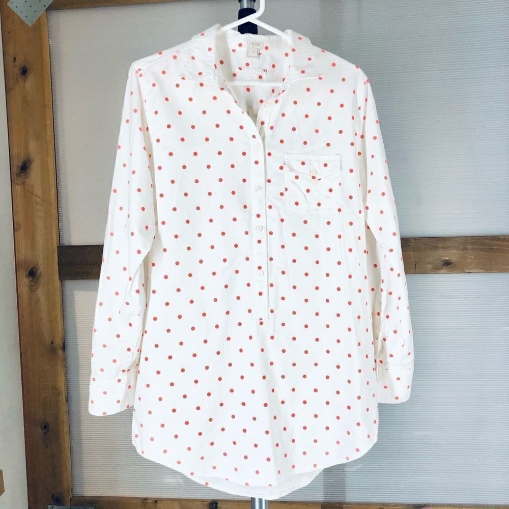 J. Crew Factory Womens White Red Polka Dot Cotton Oxford Tunic Shirt Size S